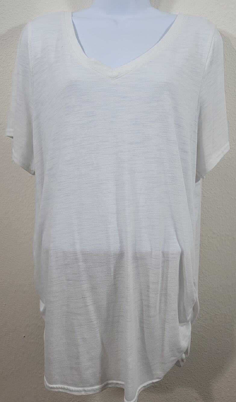 White Slub Knit V-Neck Short Sleeve Top 22 24 Lightweight Gathered Side Hem